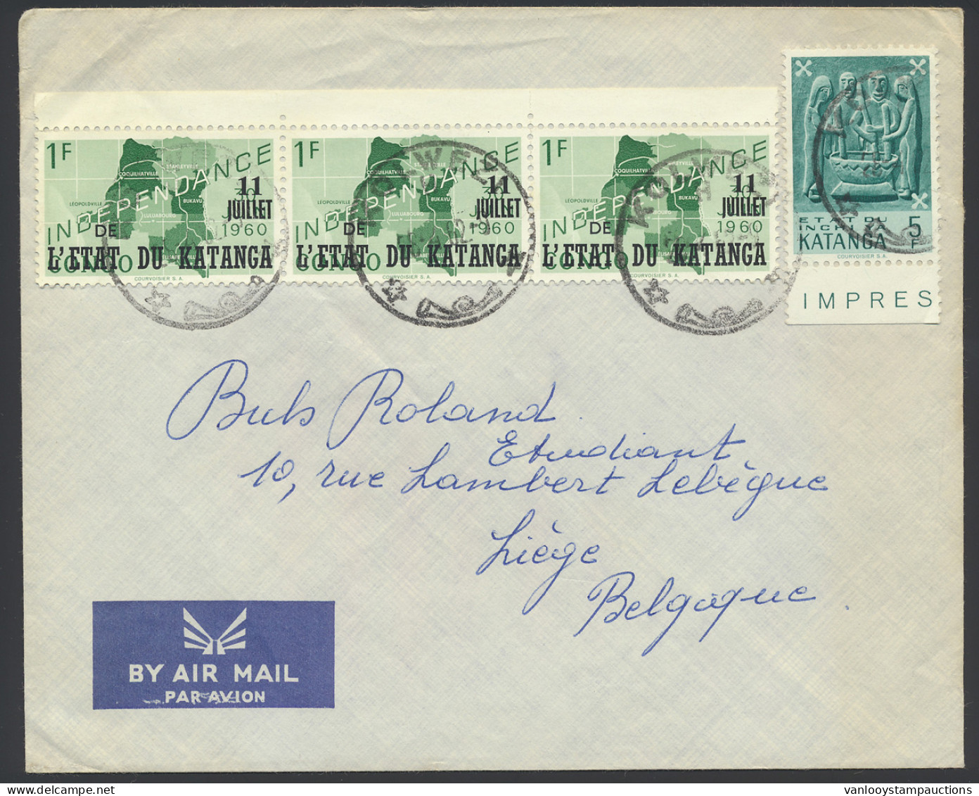 1962, Airmail Cover Franked With (OBP) N° 42 (strip Of 3 With Sheet Margin) And N° 55 1 Fr Independance And '5 Fr Katang - Katanga