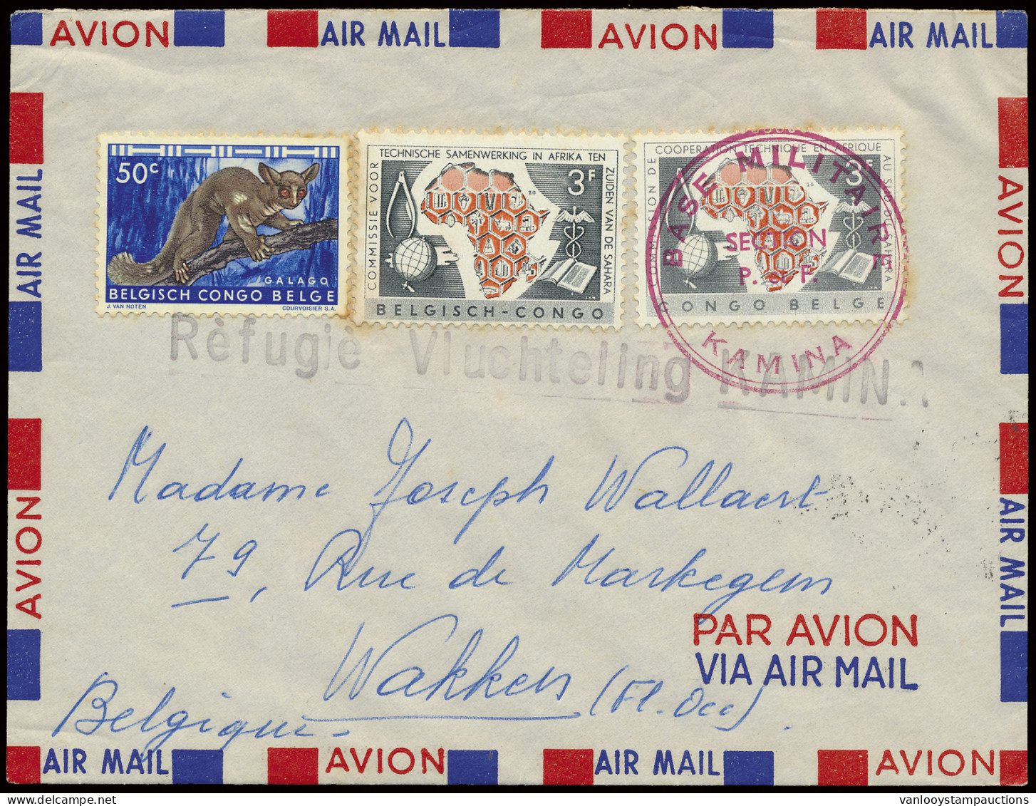 1960, Refugee Cover, Airmail Cover, Franked With Belgian Congo Stamps OBP N° 353 And 365/366, Sent From Kamina To Wakker - Katanga