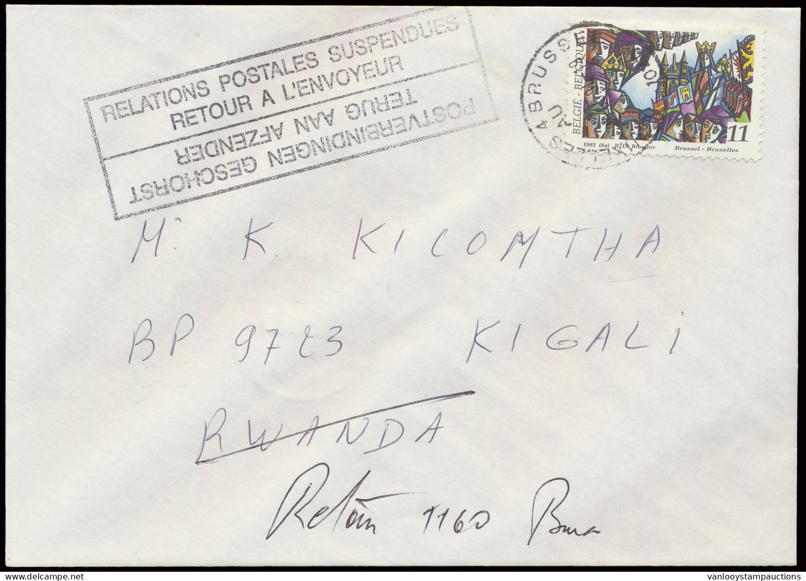 1994, Genocide Period, Cover Sent From Brussels To Kigali / Rwanda, Belgian Bilingual (French And Flemish) Boxed Cachet  - Other & Unclassified