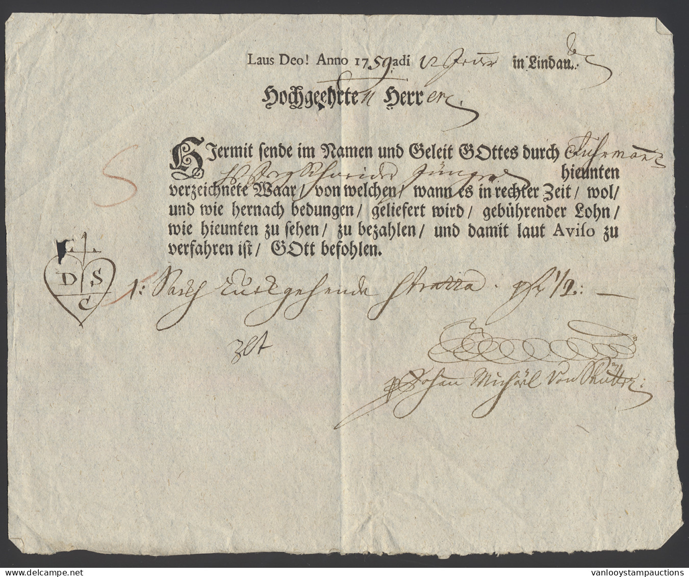 1759 Duits Document Van Lindau, Zm - Collections