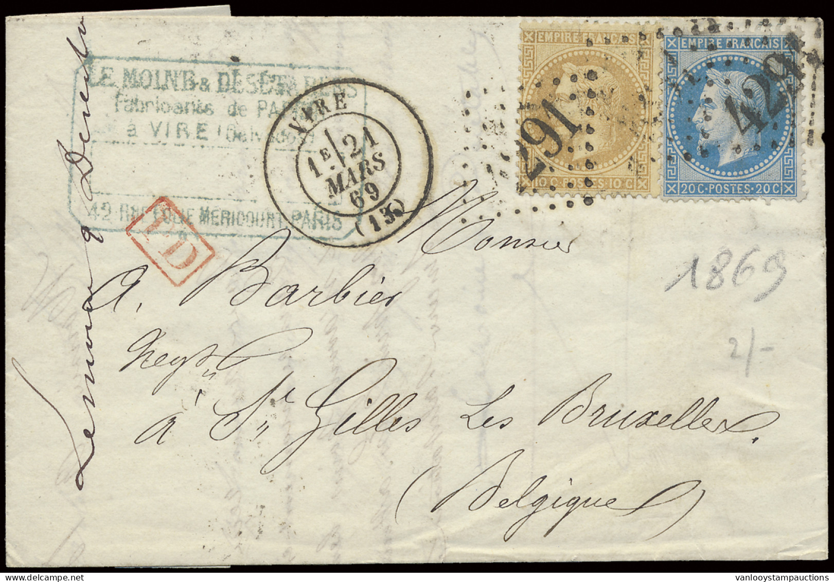 1869 N° 28A (Yv.) 10c. Bistre, Type 1 En 29B (Yv.) 20c. Bleu, Type 2, Puntstempel 4291 (Saint Gingolph) D.C.a Vire , Dd. - 1849-1850 Ceres