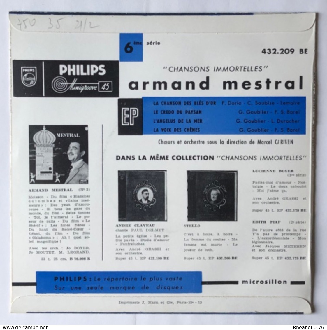 Philips 432.209 BE - 45T EP - Armand Mestral Orchestre Marcel Cariven - Microsillon Médium Haute Fidélité - Spezialformate