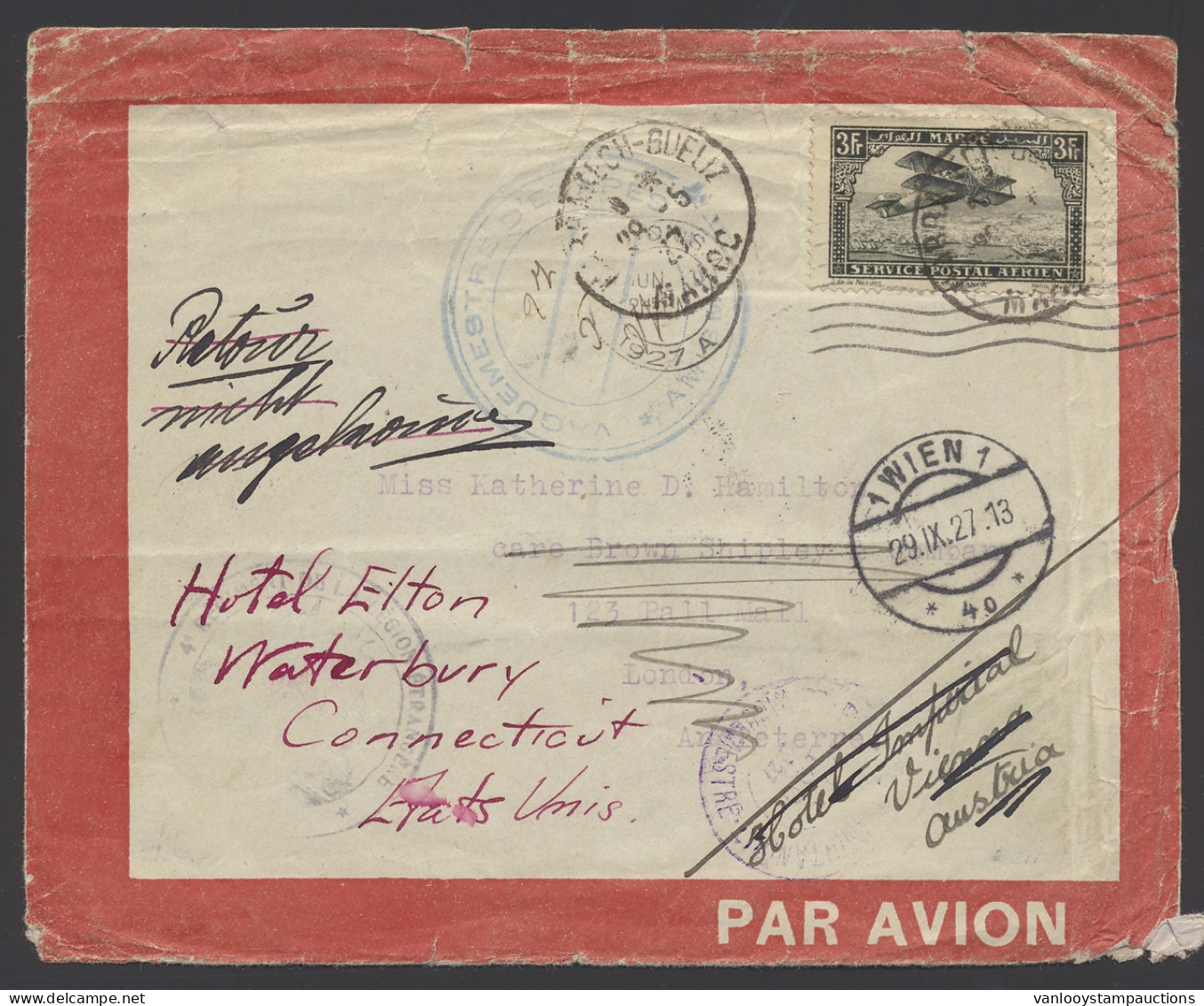 1927, Luchtpostbrief Gefrankeerd Met Yv LP 11, Verstuurd Uit Marrakech - Gueliz 28/5/1927, Naar Londen/UK, Doorgestuurd  - Other & Unclassified