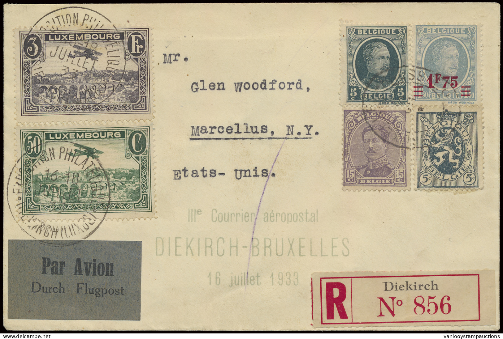 PA 1 En 6,1933 3e Courrier Aéropostal Diekirch-Bruxelles 16/7/1933 Aangetekende Luchtpostbrief, Gefrankeerd Met Luxembou - Other & Unclassified