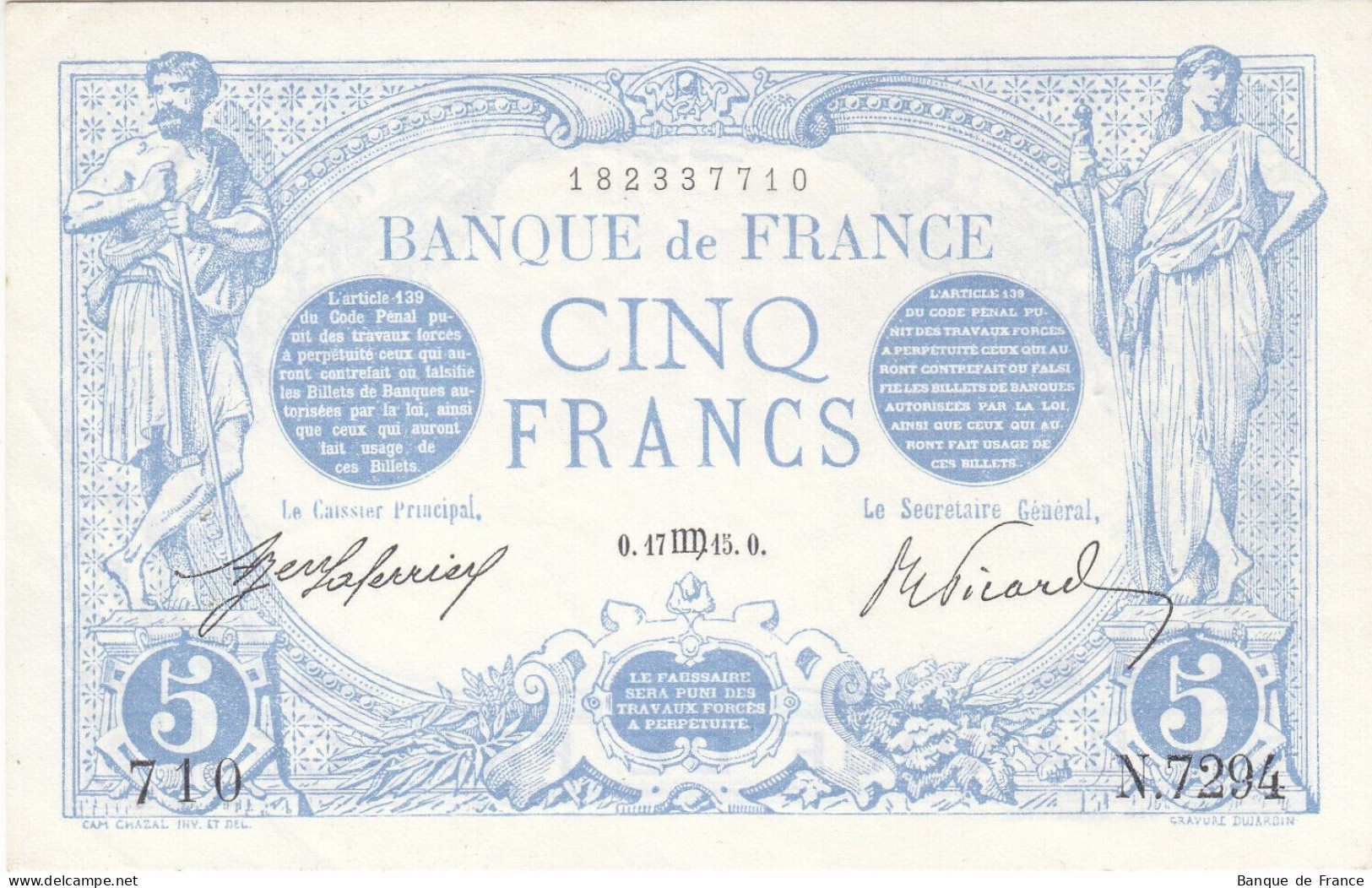 Splendide ! Billet 5 F Bleu Du 17-8-1915 FAY 02.30 Alph. N.7294 - SPL - 5 F 1912-1917 ''Bleu''