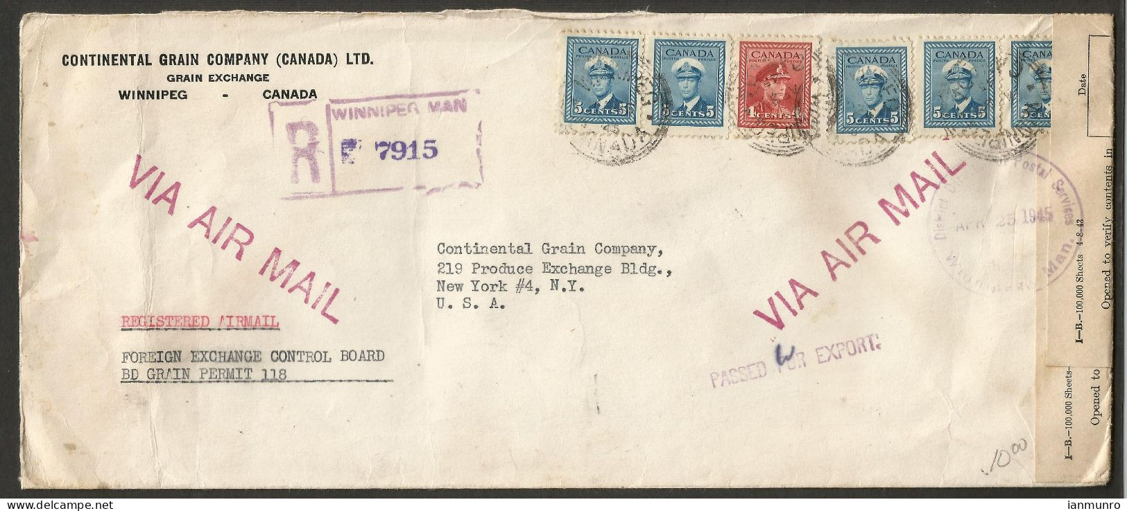 1945 Continental Grain Company Registered Airmail Cover 19c War 3-Ring Orb Winnipeg Manitoba FECB - Histoire Postale