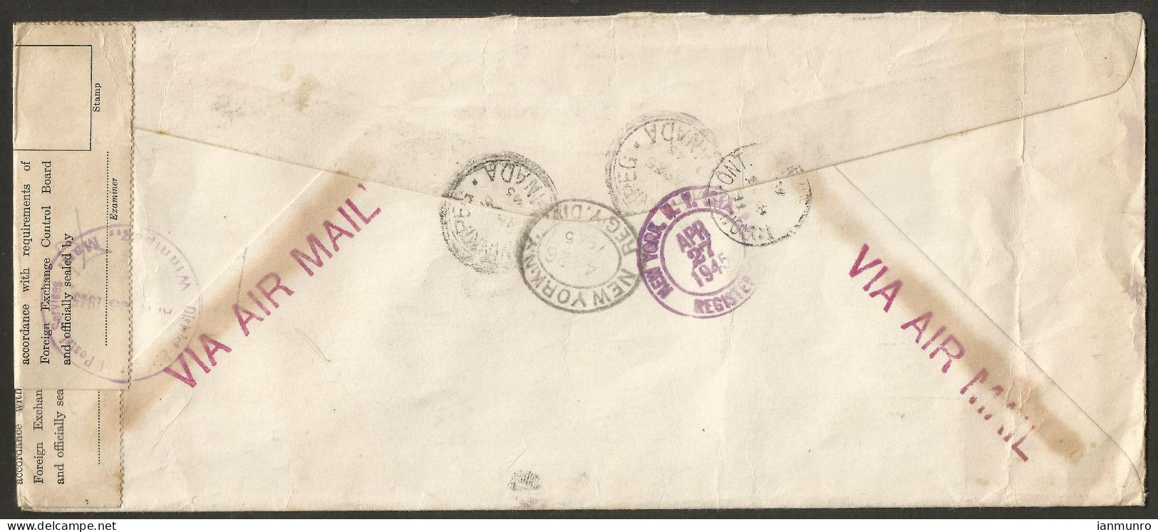 1945 Continental Grain Company Registered Airmail Cover 19c War 3-Ring Orb Winnipeg Manitoba FECB - Storia Postale