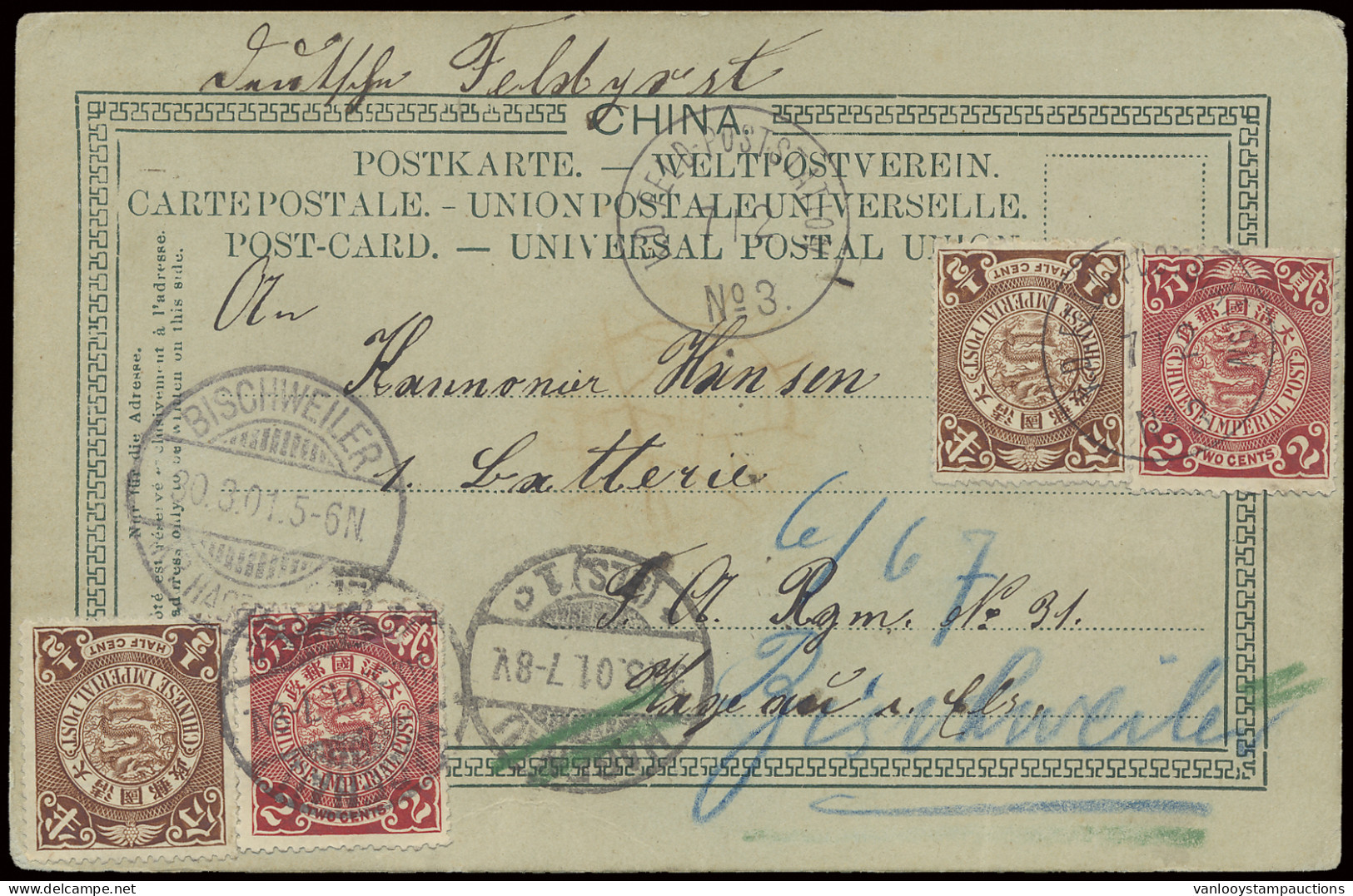 1901 German Post In China, 3 Feldpost Covers + 1 UPU Postcard, All Sent To Germany, Different Cancellations, Vf - Other & Unclassified