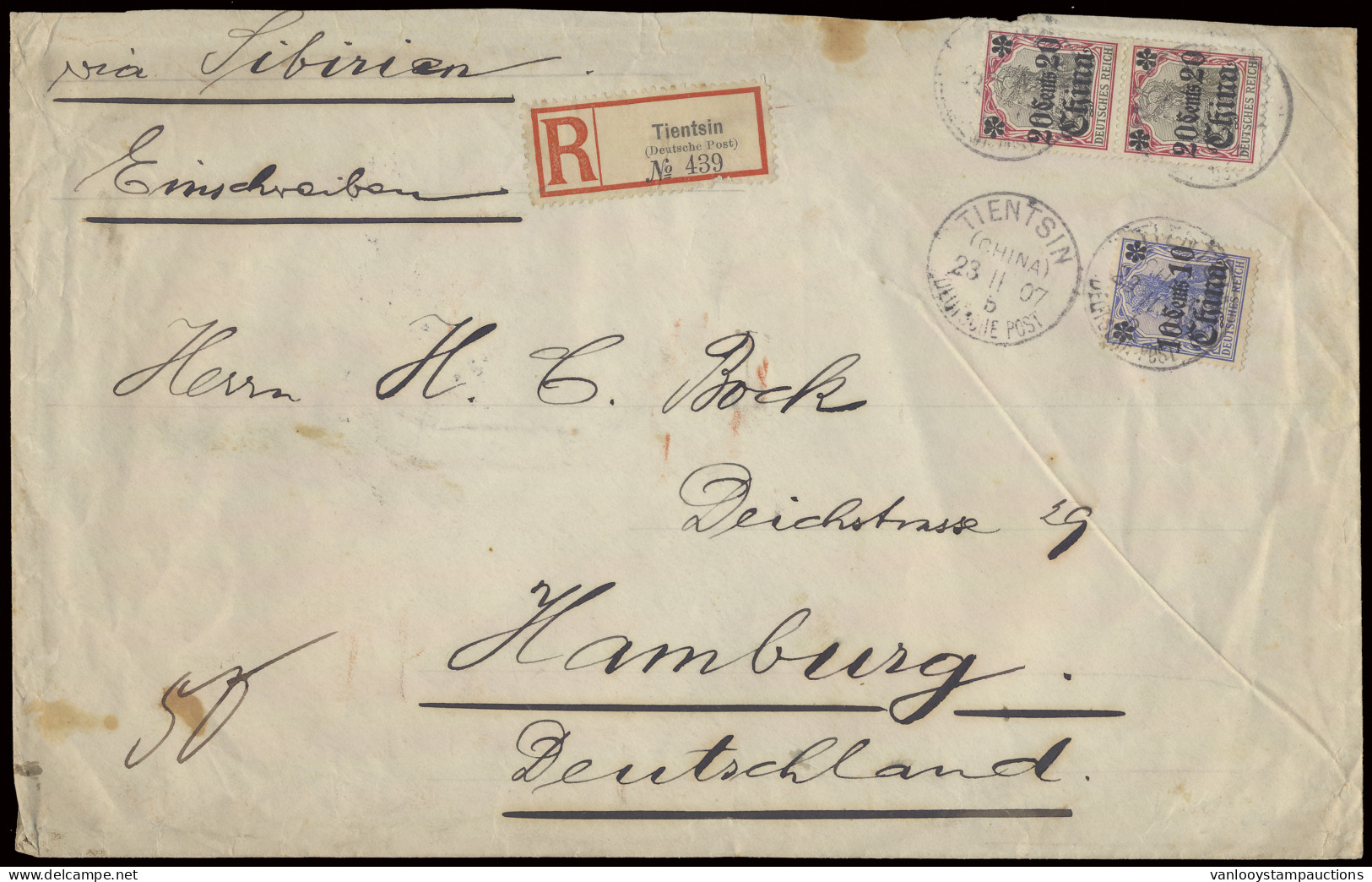 German Post Office In China, Registered Cover, Franked With Yv. N° 33 (pair) And N° 32 20c. On 40p. Carmine And Black An - Autres & Non Classés