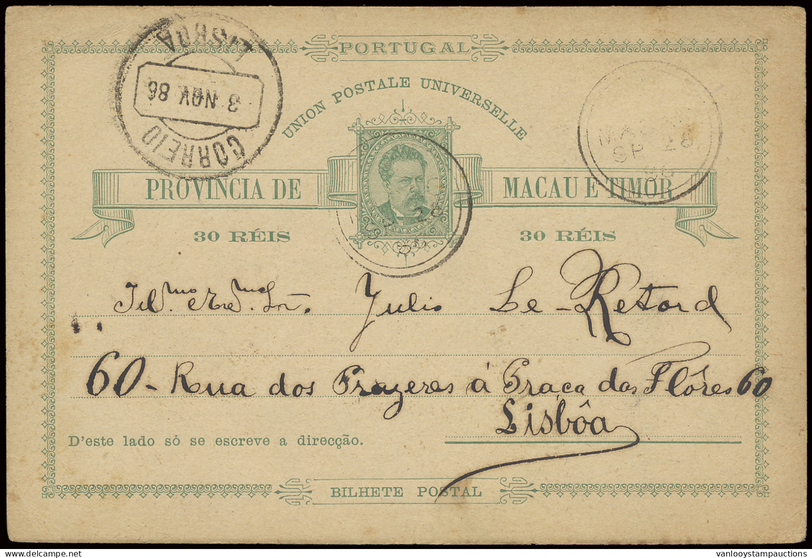1886 Postal Stationery Macau E Timor At 30 Reis, Sent From Macau September 28, 1886 (double Rings Cancel) To Lisboa / Po - Other & Unclassified