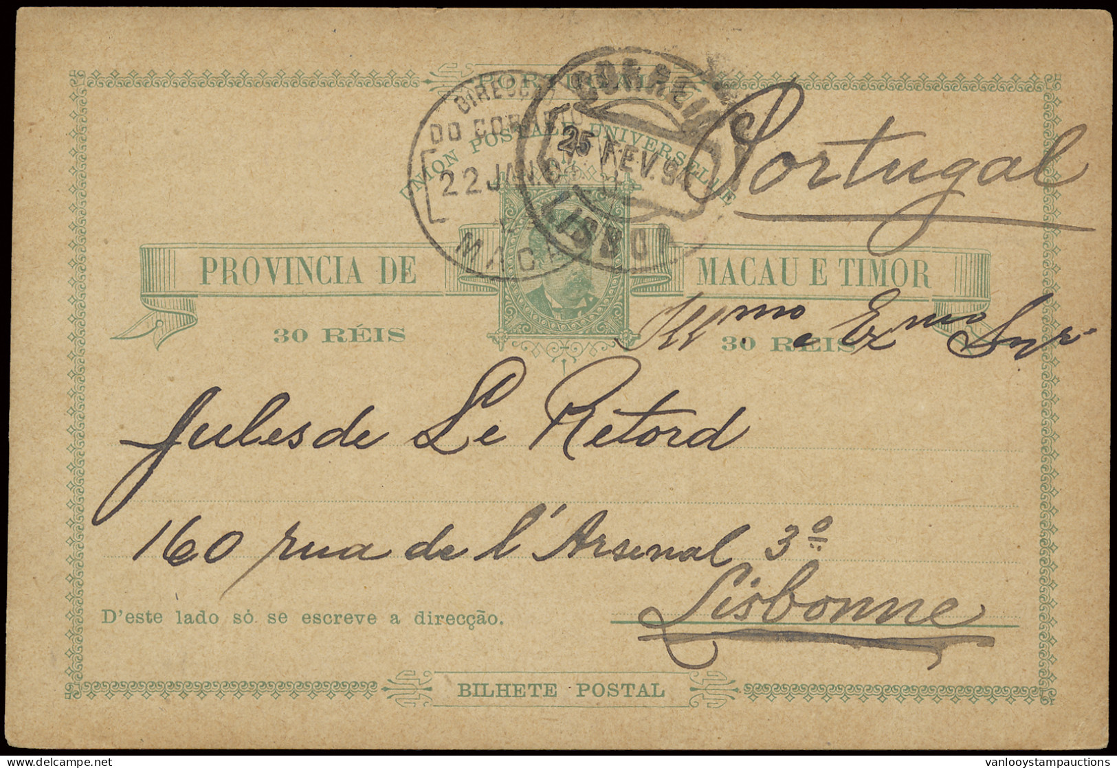 1894, Postal Stationery Macau E Timor At 30 Reis, Sent From Macau January 22, 1894 To Lisboa / Portugal Where It Arrived - Autres & Non Classés