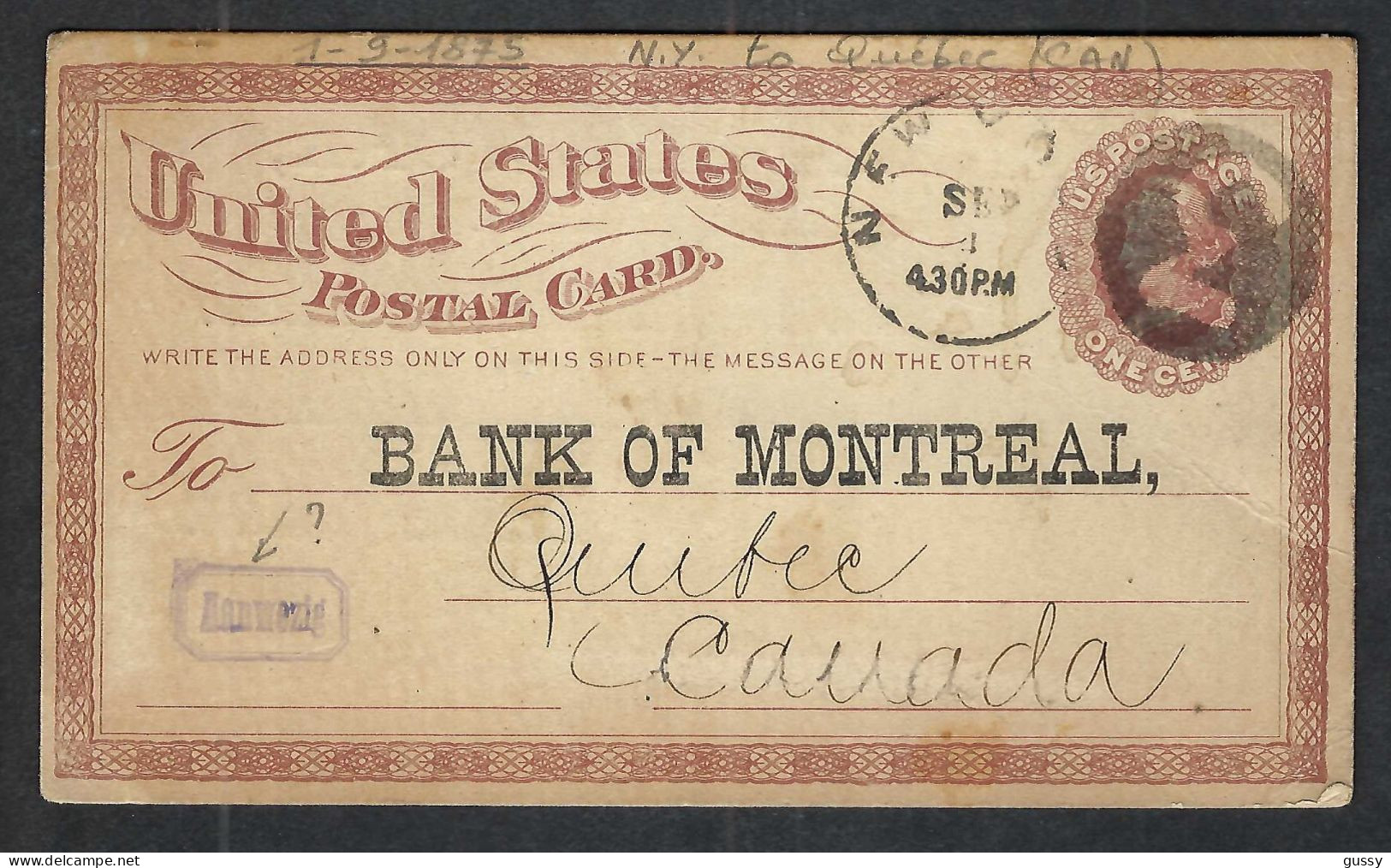 ETATS UNIS Ca.1875: CP Entier De 1c De New York Pour Québec (Canada), Obl. Fancy Cancel "negative 3" - ...-1900