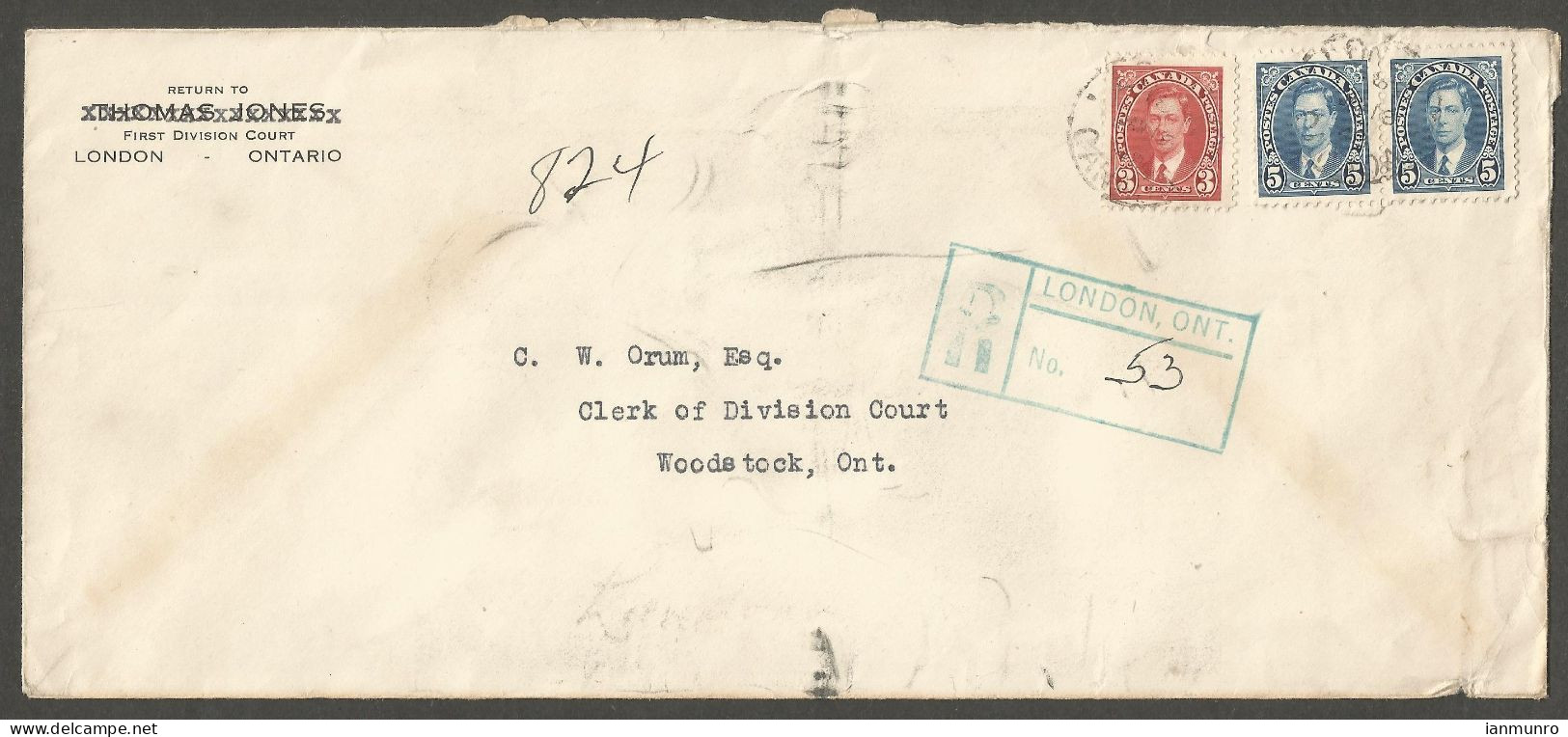 1942 Registered Cover 13c Mufti RPO CDS London To Woodstock Ontario - Postgeschiedenis