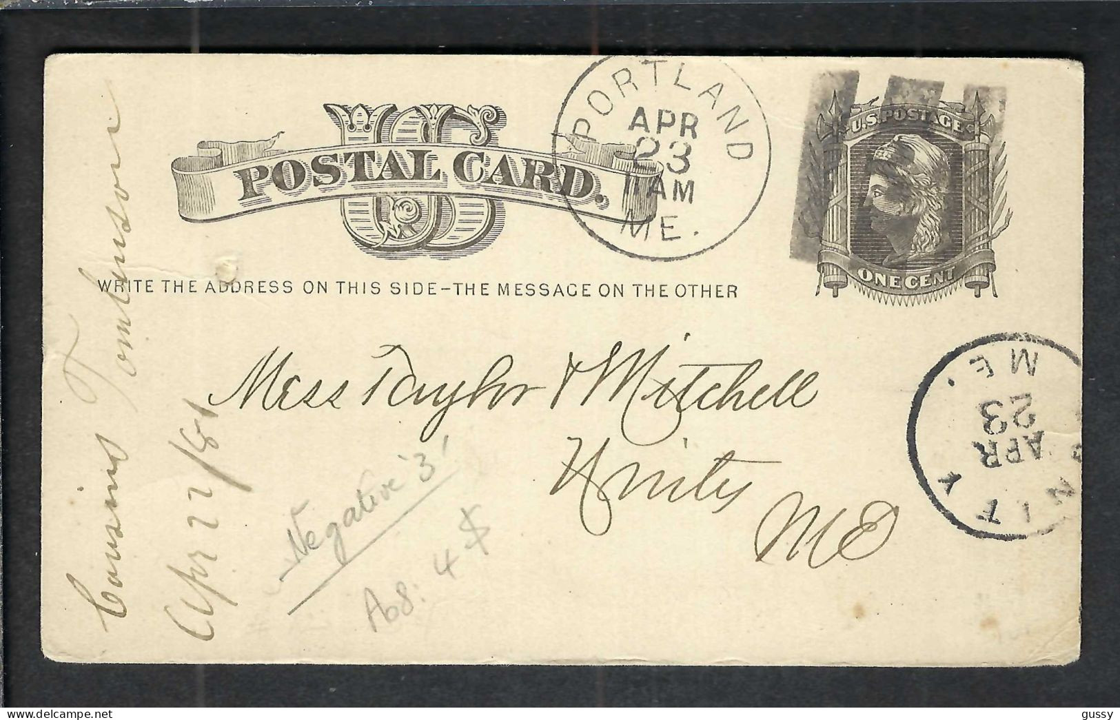 ETATS UNIS Ca.1880: CP Entier De 1c De Portland (Me) à Unity (Me), Obl. Fancy Cancel "negative 3" - ...-1900