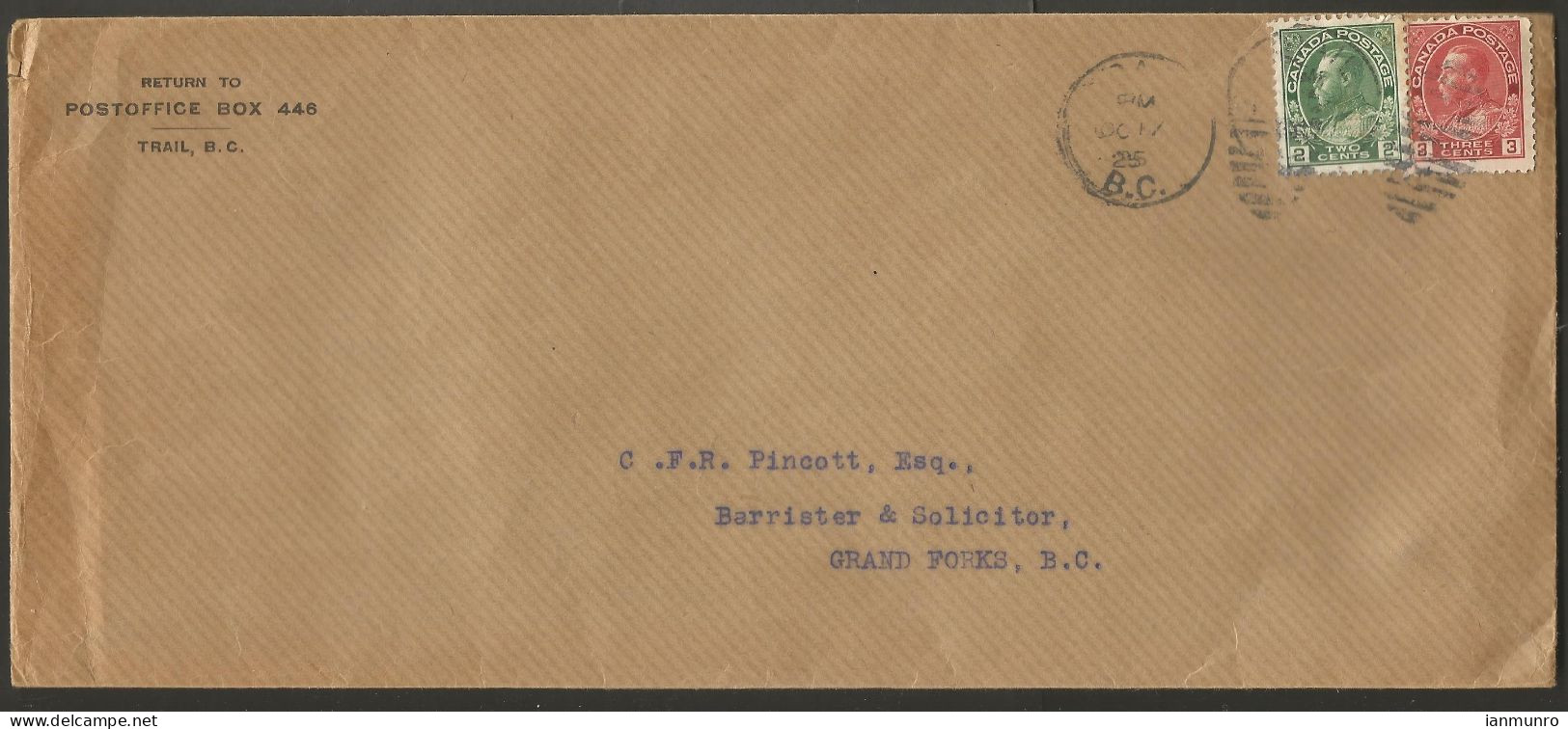 1925 Cover 5c Admirals Duplex Trail BC To Grand Forks - Histoire Postale