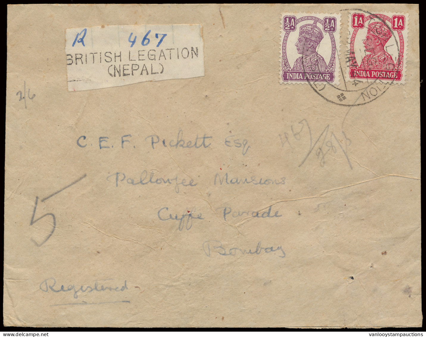 Nepal 1944 Brief Aangetekend Van British Legation Nepal Post Office In Nepal, Naar Bombay, Voor- En Achterzijde Gefranke - Autres - Asie