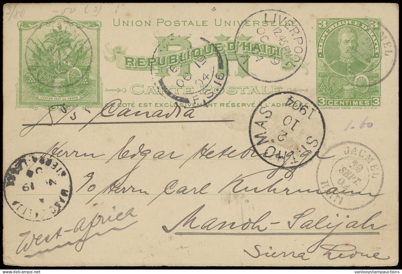 1904, Postwaardestuk 3c., Verstuurd Uit Jacmel / Haiti 29/9/1904 Naar Manoh-Salijah / Sierra Leone 19/11/1904 Via St.-Th - Haití
