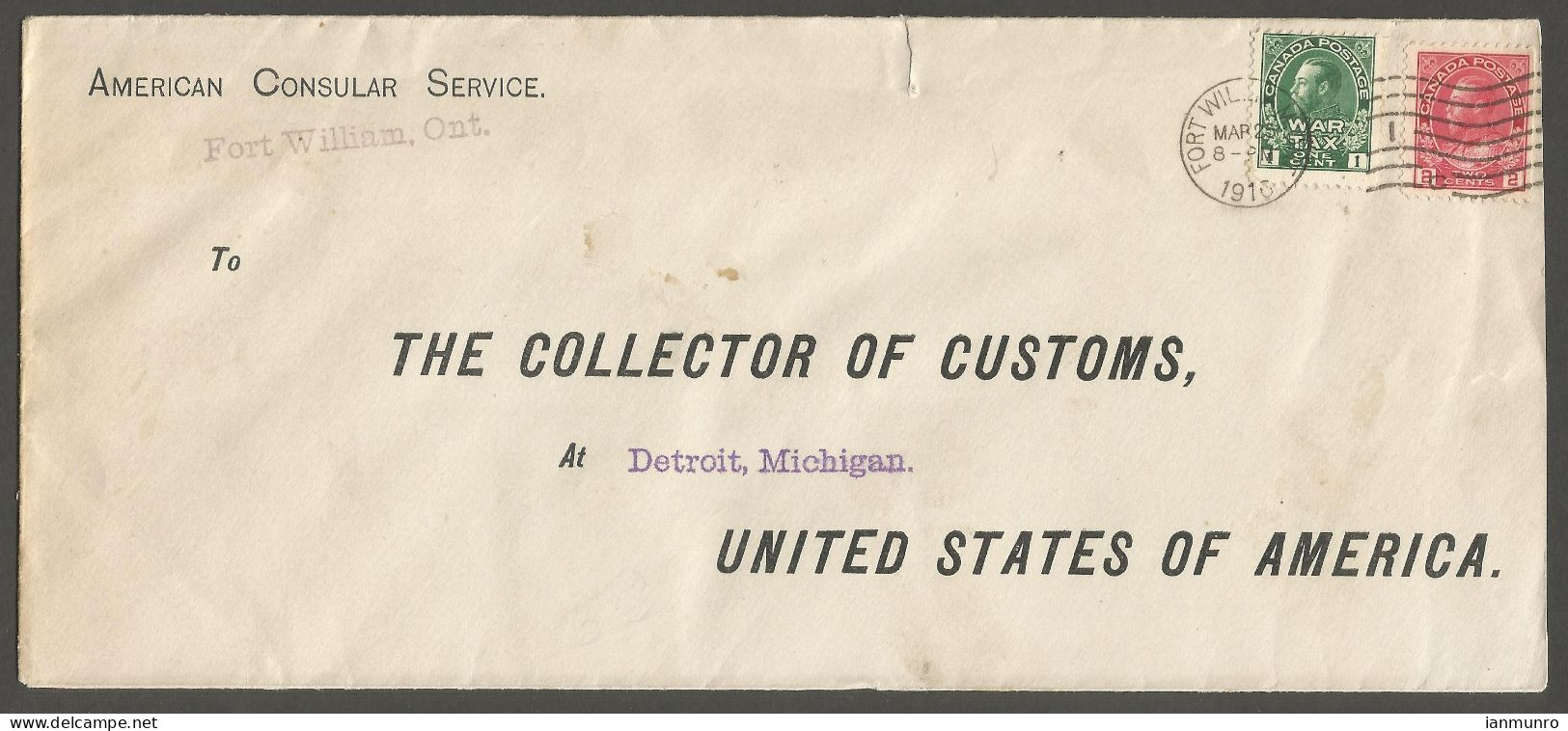 1916 Corner Card Cover 3c Admirals Fort Williams Ont American Consular Service - Storia Postale