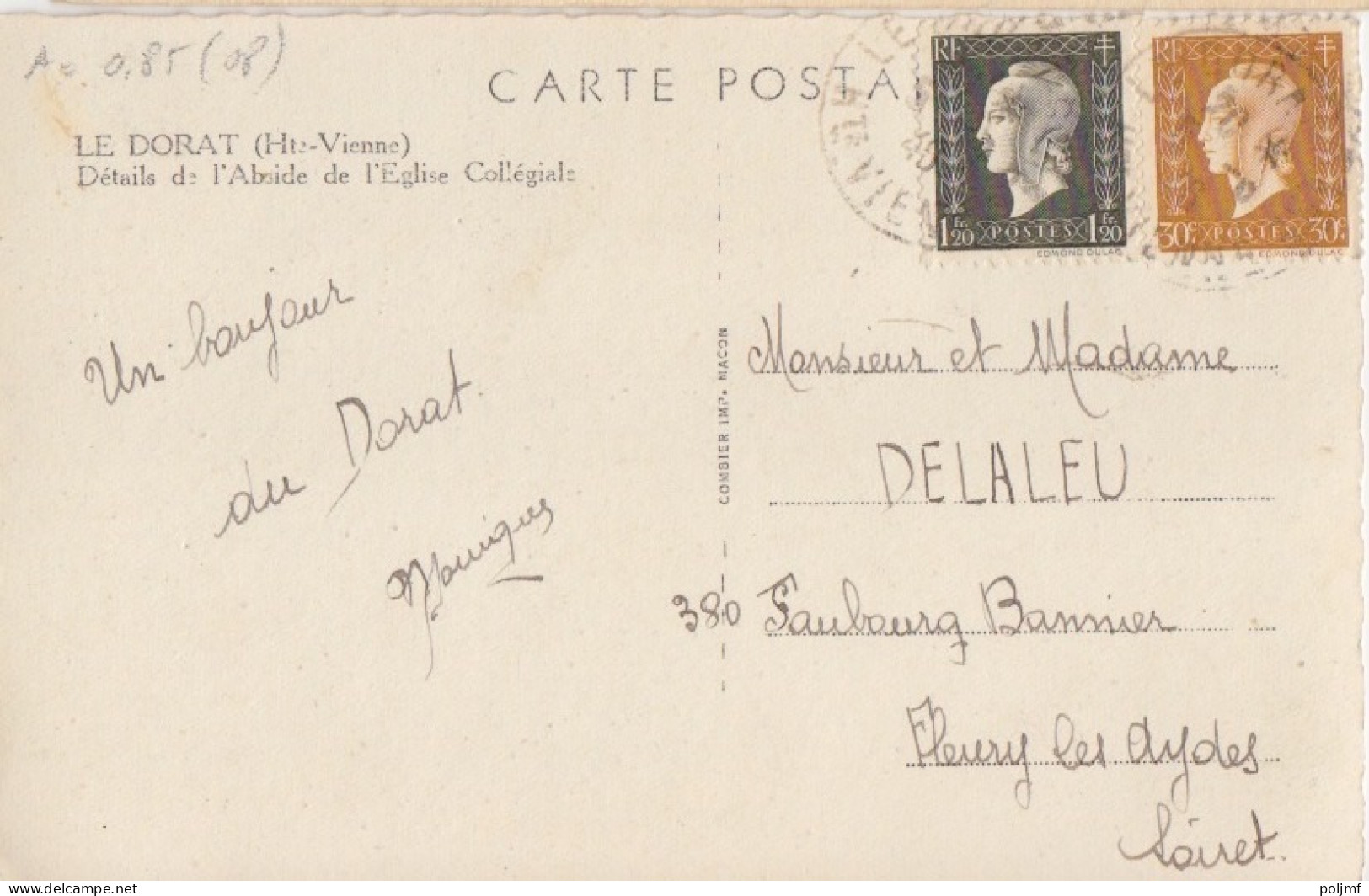 CP (Détails De L'Abside) Obl Le Dorat Le 5/6/46 Sur 30c Et 1f20 Dulac N° 683, 690 Pour Fleury Les Aydes - 1944-45 Marianne Van Dulac