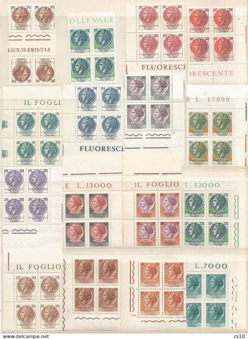 Italy 1968/79 SYracuse Siracusana Turrita Fluoscente 26v. COMPLETA In BL4 ANGOLO FOGLIO + Interspazio L100 +L120II° Tir - Full Sheets