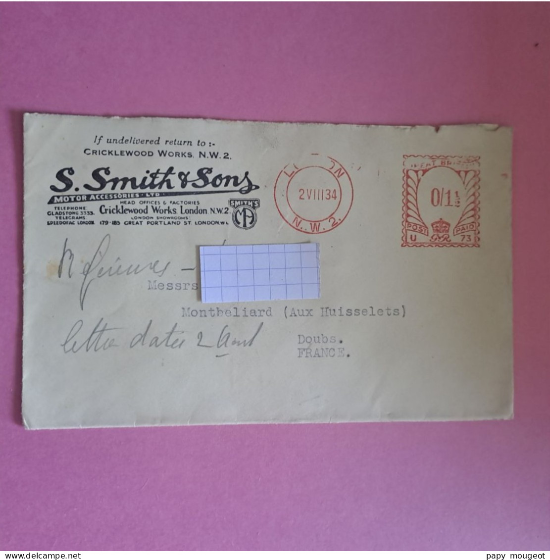 Lettre Avec Publicité De London N.W. 2. Pour Montbéliard (Doubs) 02-08-1934 Machine U 73 - Maschinenstempel (EMA)