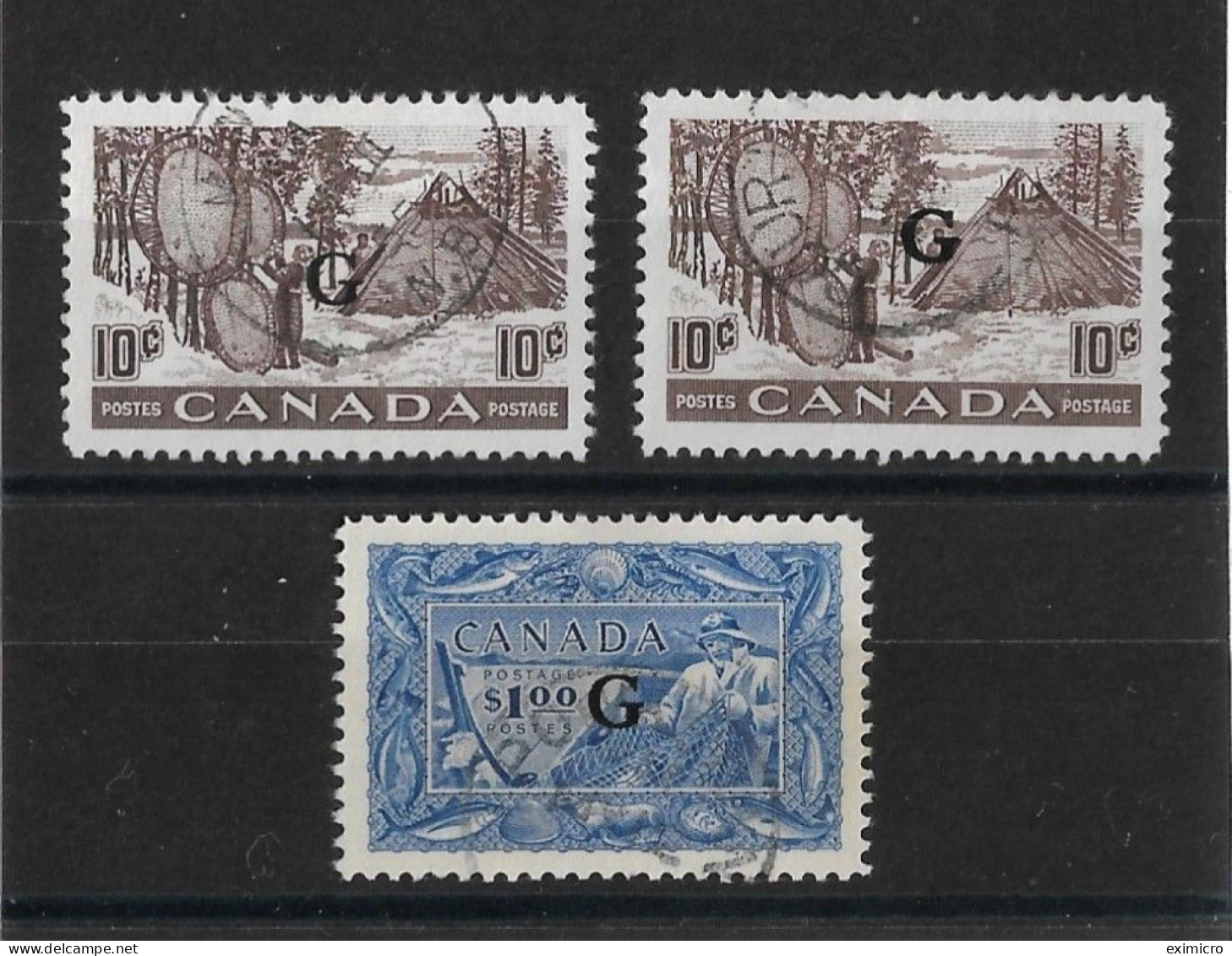 CANADA 1950 - 1951 OFFICIALS 'G' OVERPRINT SET + AN EXTRA 10c COLOUR SHADE SG O191 X 2, O192 FINE USED Cat £92 - Overprinted