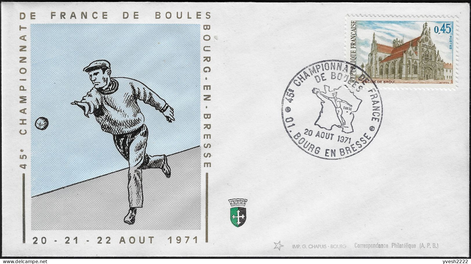 France 1971. Championnat De France De Boules (pétanque), Enveloppe. Bourg-en-Bresse - Pétanque