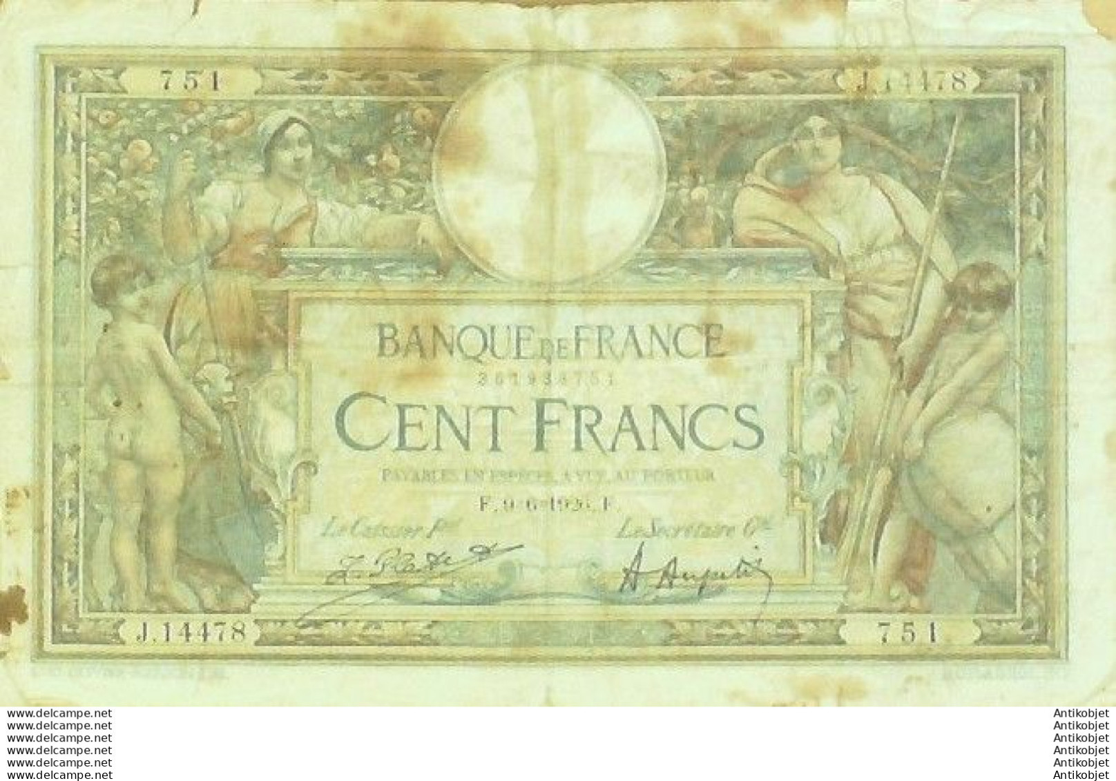 Billet Banque De France 100 Francs Luc Olivier Merson Grands Cartouches F.9=6=1926 AB+ - 100 F 1908-1939 ''Luc Olivier Merson''