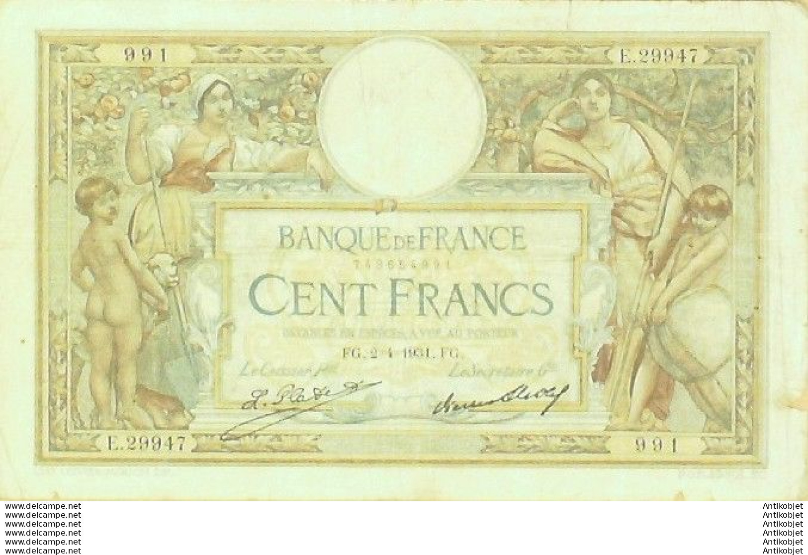 Billet Banque De France 100 Francs Luc Olivier Merson Grands Cartouches FG.2=4=1931 AB+ - 100 F 1908-1939 ''Luc Olivier Merson''