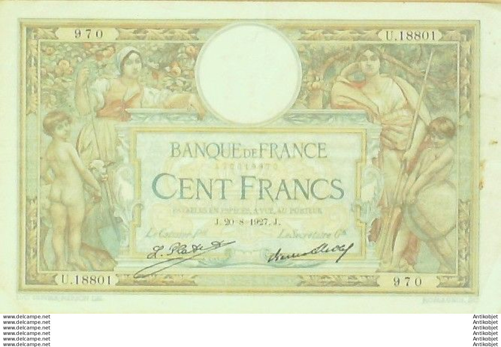 Billet Banque De France 100 Francs Luc Olivier Merson Grands Cartouches J.20=8=1927 TTB+++ - 100 F 1908-1939 ''Luc Olivier Merson''