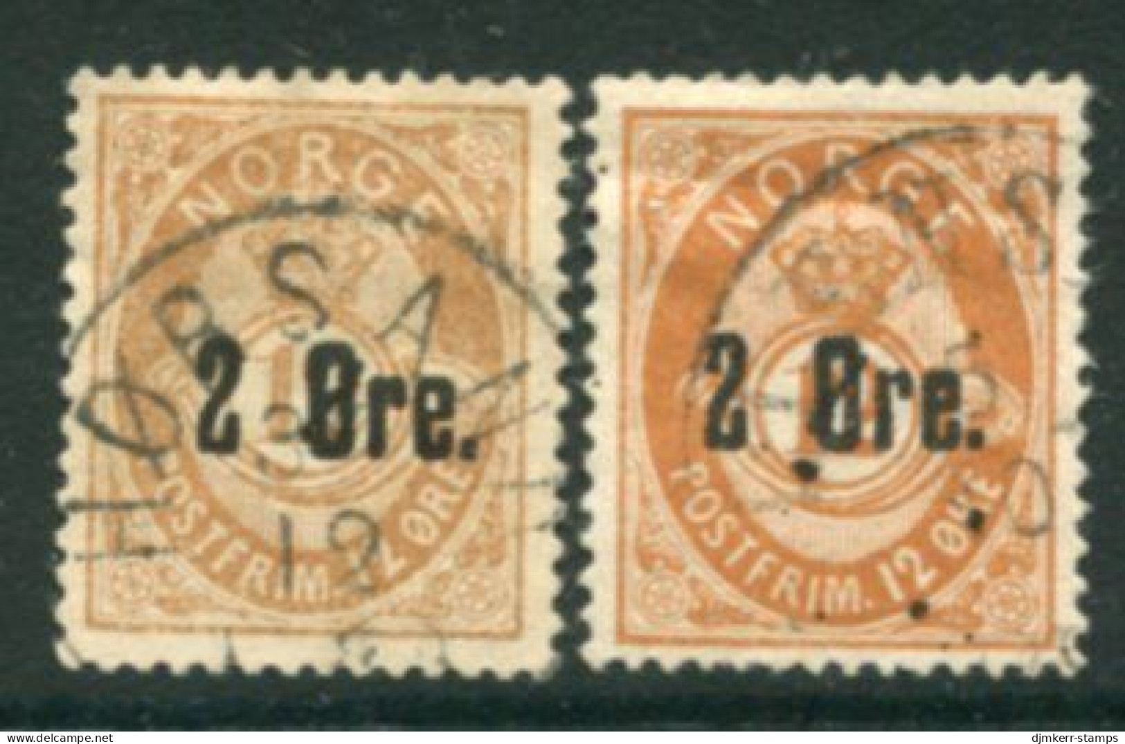 NORWAY 1888 Surcharge 2 Øre. On 12 Øre Used. Michel 48a,b - Gebraucht
