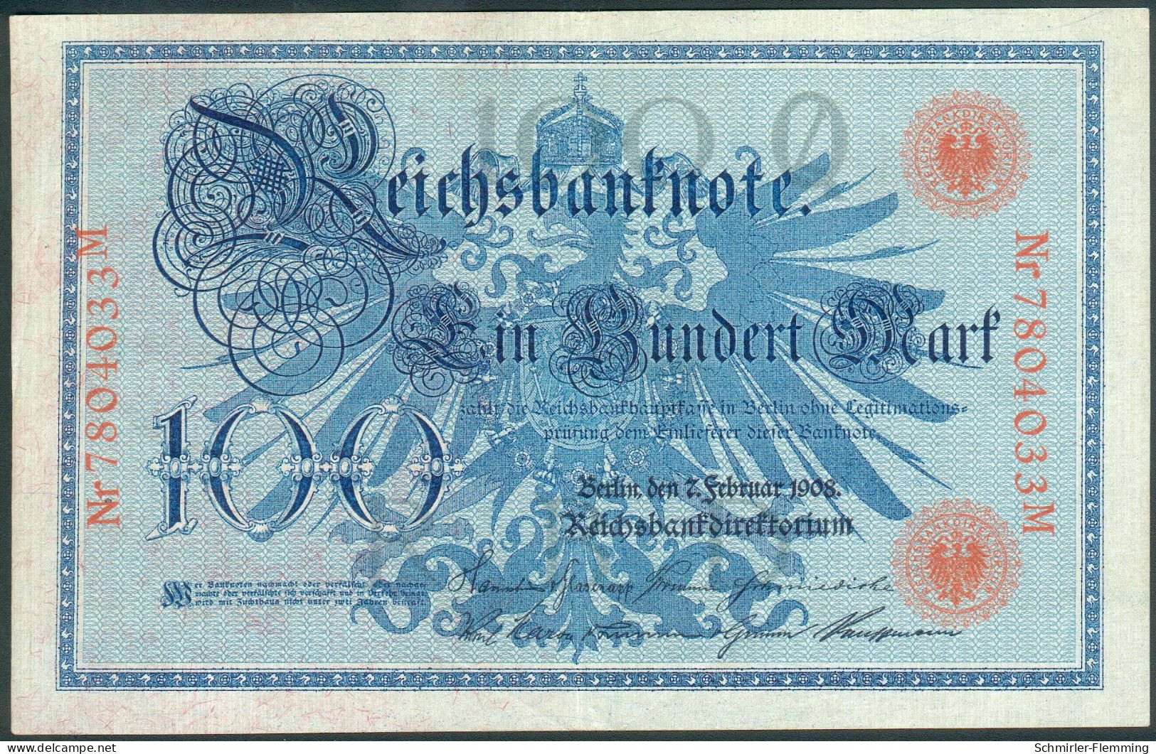 Deutsches Reich Reichsbanknote 100 Mark 7. Feb. 1908 Rote Kenn Nr.7804033M(7stellig) Rosenberg Nr.33b, I-II - 10 Mark