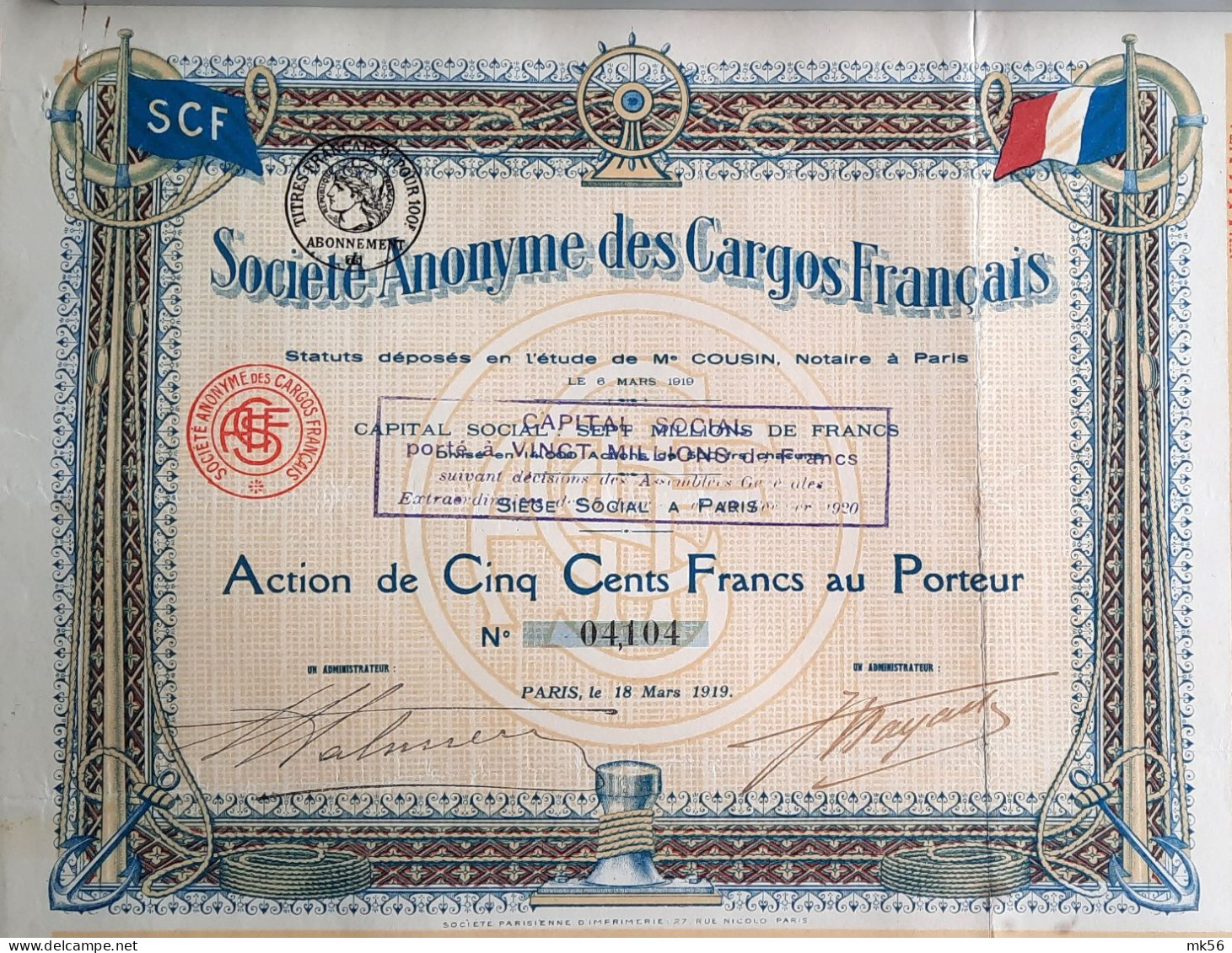 Société Anonyme Des Cargos Français - Paris - 1919 - Trasporti