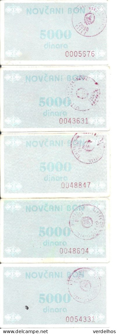 BOSNIE HERZEGOVINE 5000 DINARA ND1992 VF P 51 ( 5 Billets ) - Bosnië En Herzegovina