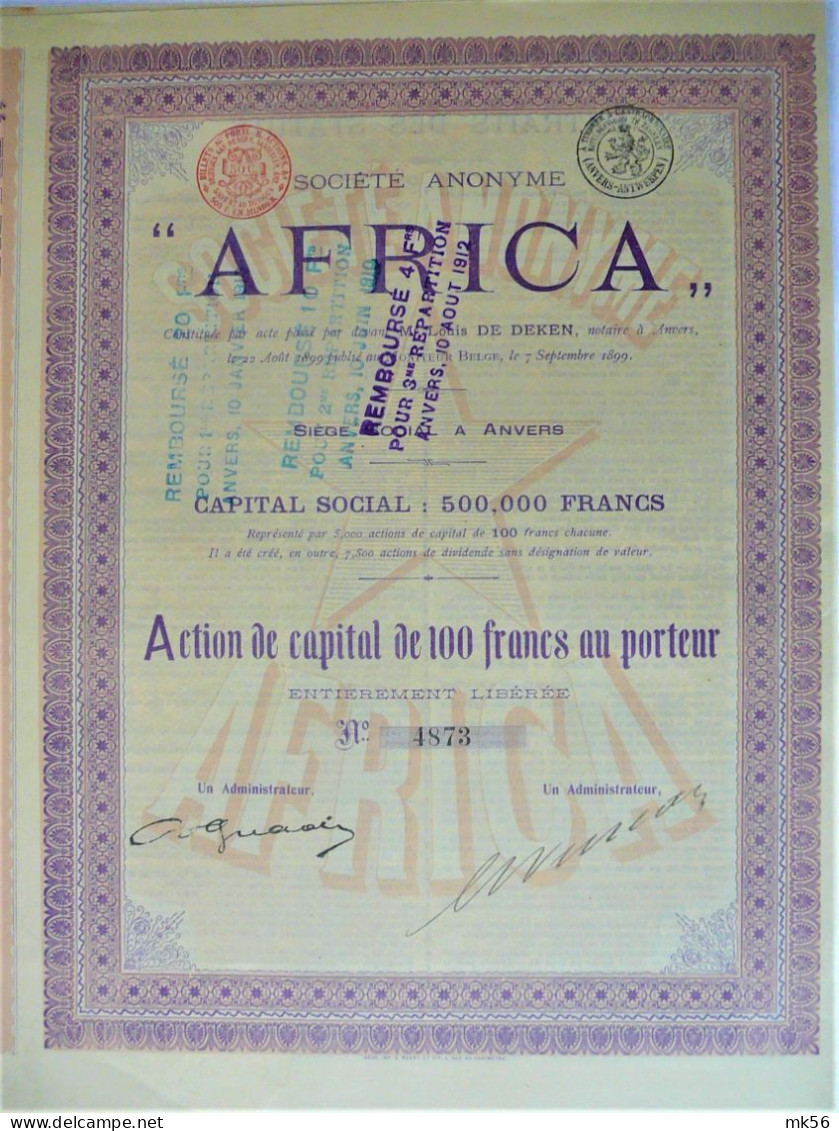 2 X S.A. Africa - Action De Dividende  En Action Au Porteur - 1899 !! - Anvers - Africa