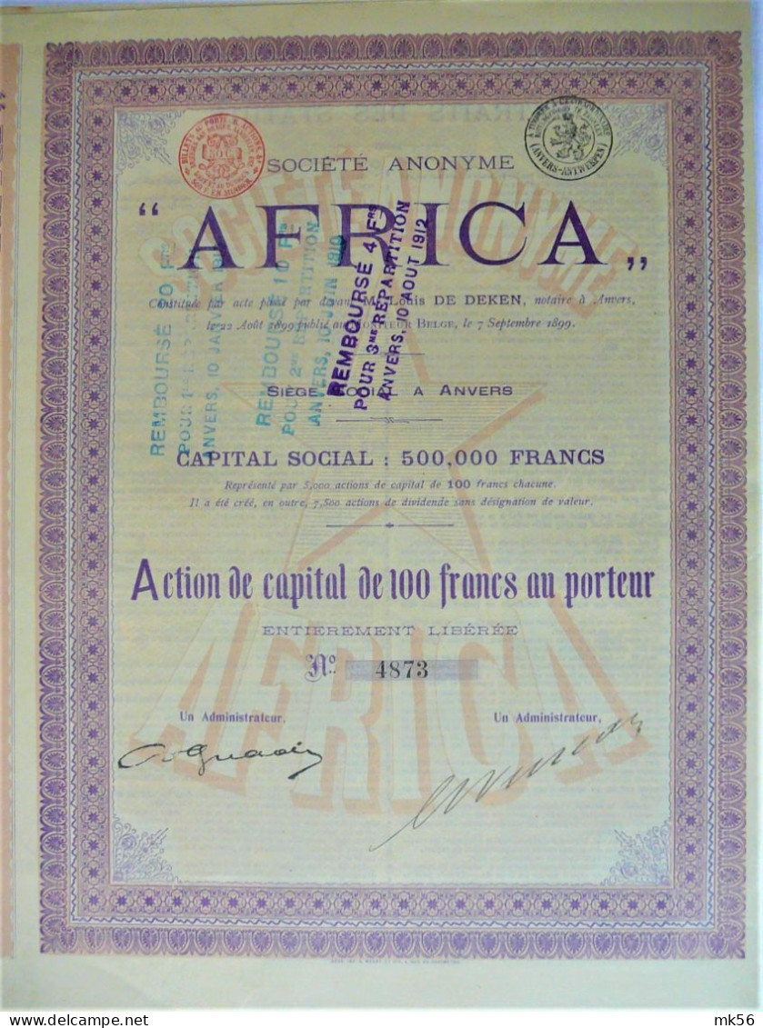 2 X S.A. Africa - Action De Dividende  En Action Au Porteur - 1899 !! - Anvers - Afrique