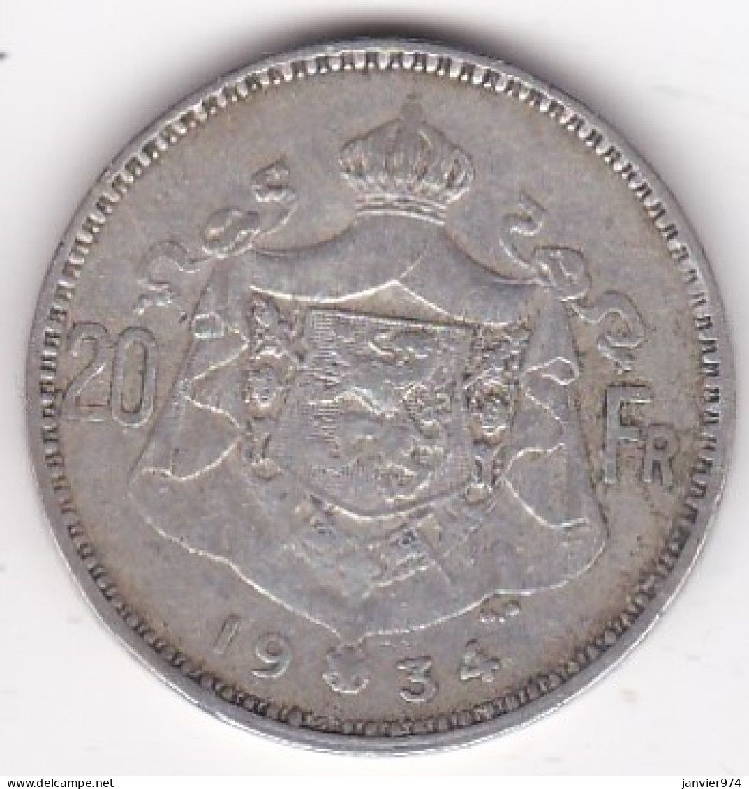 Belgique. 20 Francs 1934. ALBERT I. Légende Française, Position B, En Argent - 20 Francs & 4 Belgas