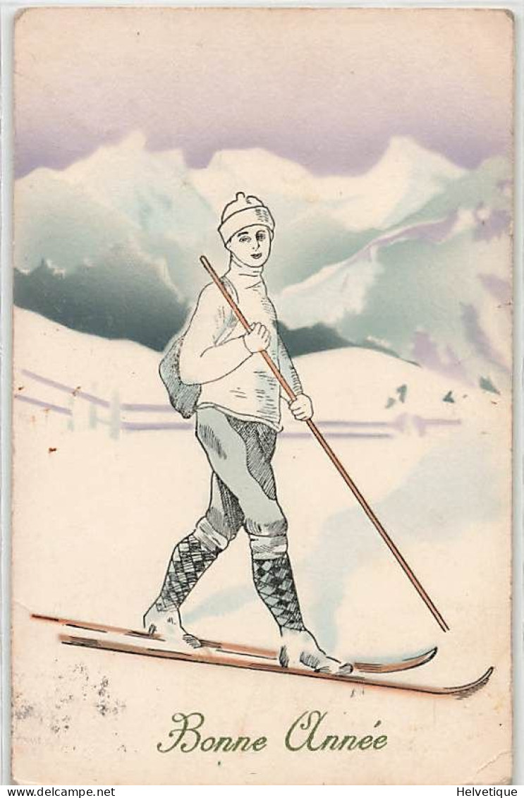 Bonne Année Skieur Ski Sport D'hiver Suisse 1921 - Sport Invernali