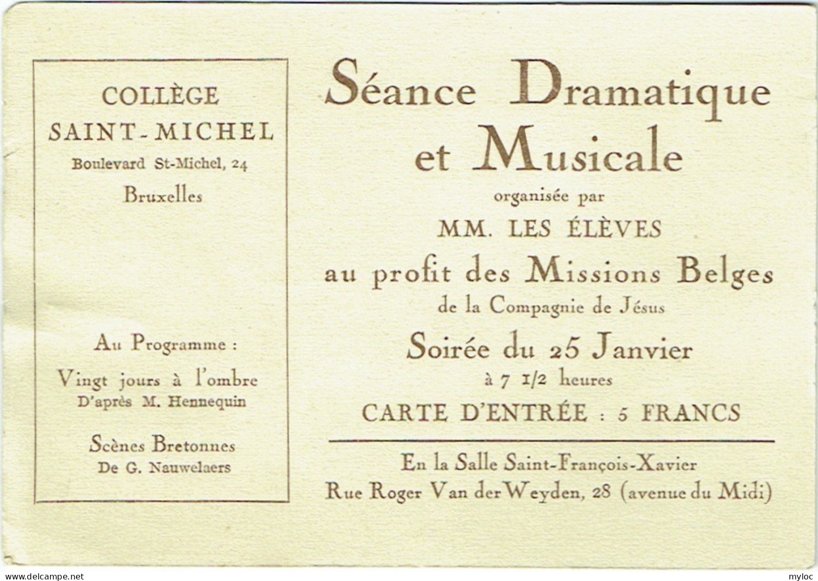 Collège Saint-Michel, Bruxelles. Séance Dramatique Et Musicale. Cachet Collège 1923. - Andere & Zonder Classificatie