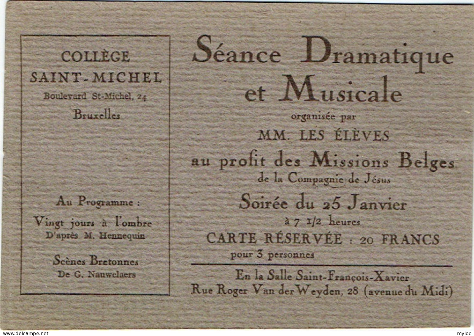Collège Saint-Michel, Bruxelles. Séance Dramatique Et Musicale. Cachet Collège 1923. - Autres & Non Classés
