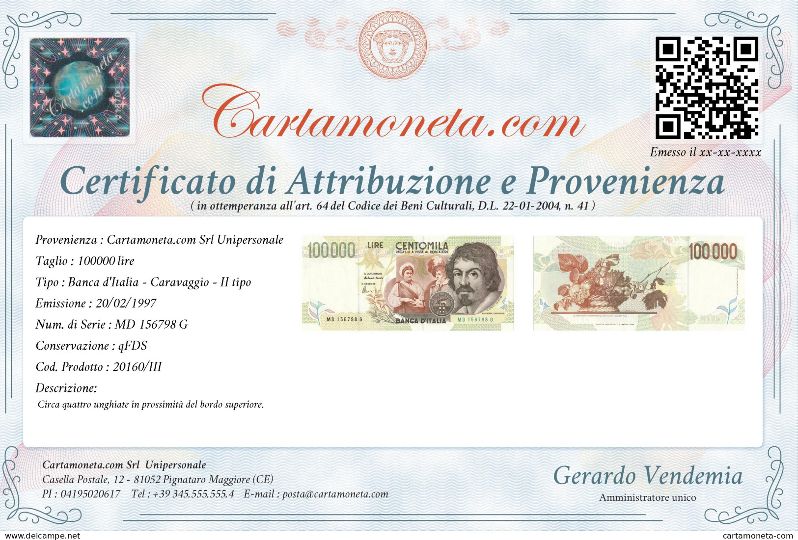 100000 LIRE BANCA D'ITALIA CARAVAGGIO II TIPO LETTERA D 20/02/1997 QFDS - Autres & Non Classés