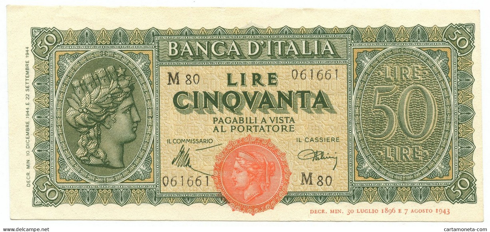 50 LIRE ITALIA TURRITA TESTINA 10/12/1944 SPL - Sonstige