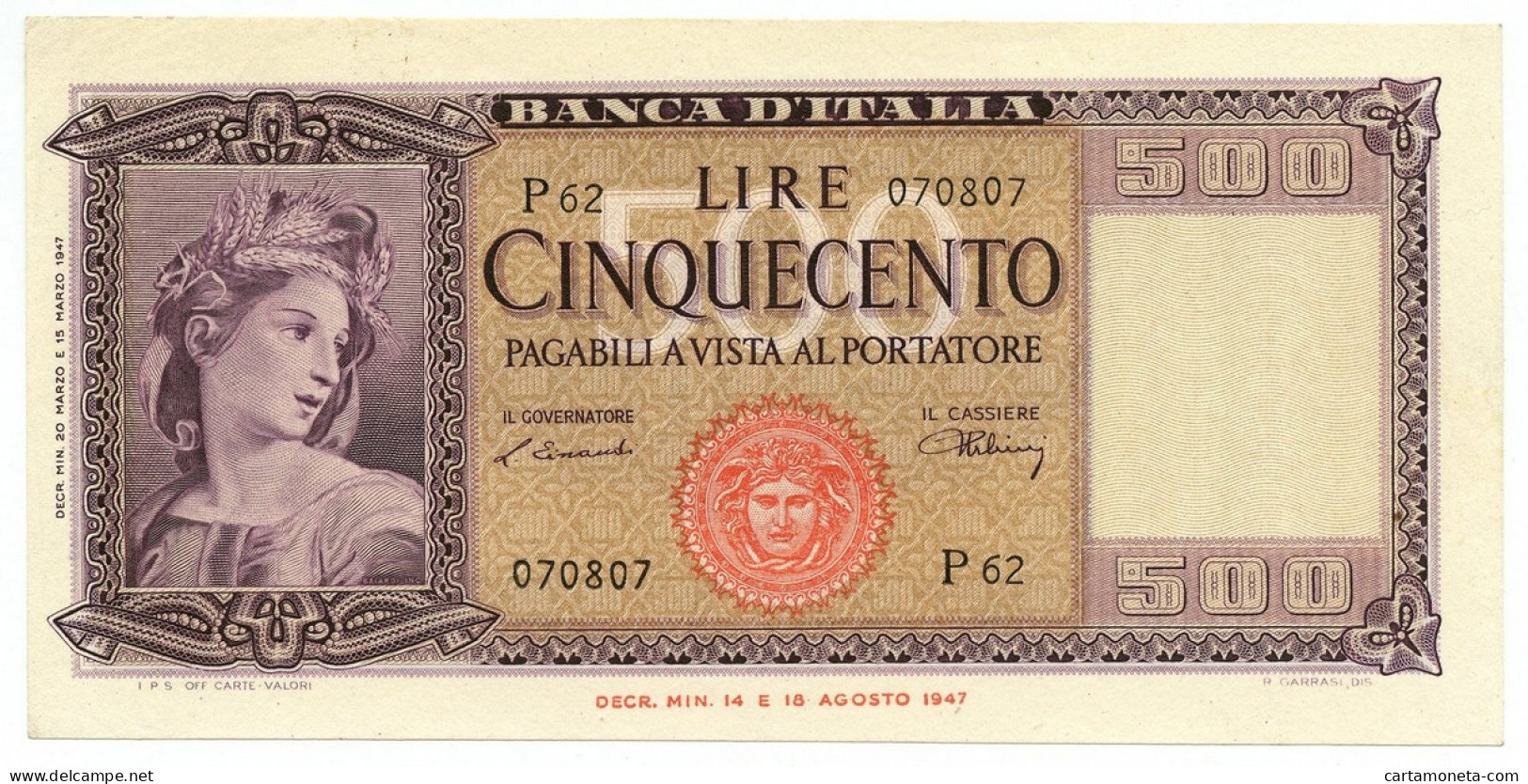 500 LIRE ITALIA ORNATA DI SPIGHE MEDUSA 20/03/1947 SUP+ - Andere & Zonder Classificatie