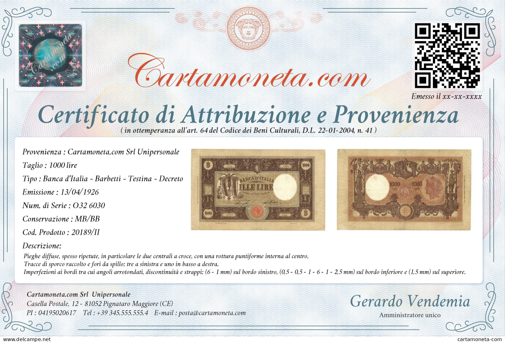 1000 LIRE BARBETTI GRANDE M TESTINA DECRETO 13/04/1926 MB/BB - Regno D'Italia – Other