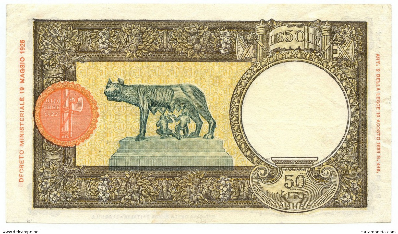 50 LIRE CAPRANESI LUPA CAPITOLINA M. STRETTO FASCIO L'AQUILA 28/08/1942 BB/SPL - Regno D'Italia – Other