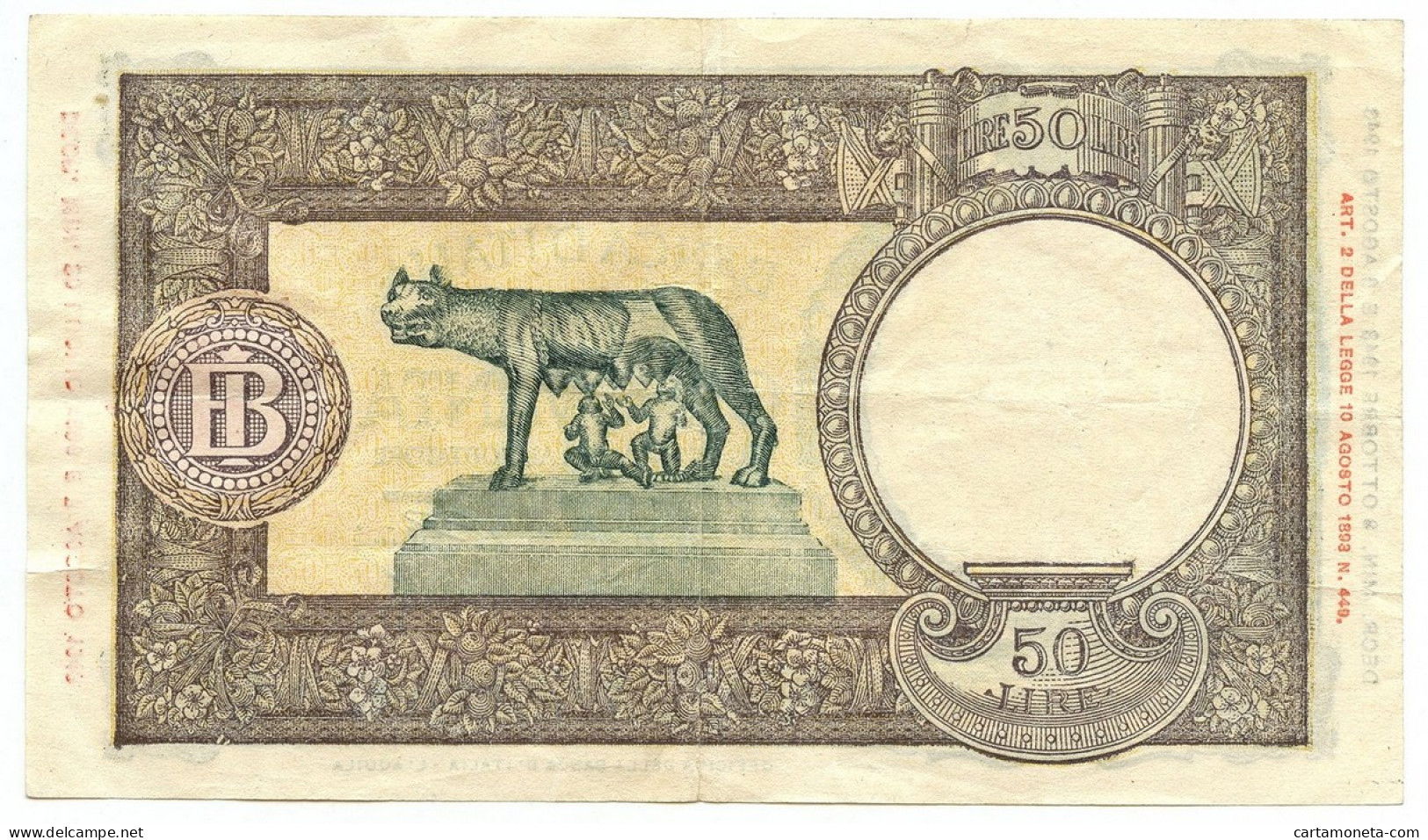 50 LIRE CAPRANESI LUPA CAPITOLINA MARG. STRETTO RETRO BI RSI 08/10/1943 BB+ - Regno D'Italia - Altri