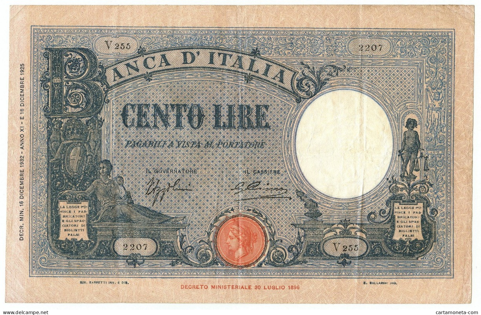 100 LIRE BARBETTI GRANDE B AZZURRO TESTINA FASCIO 16/12/1932 BB - Regno D'Italia - Altri