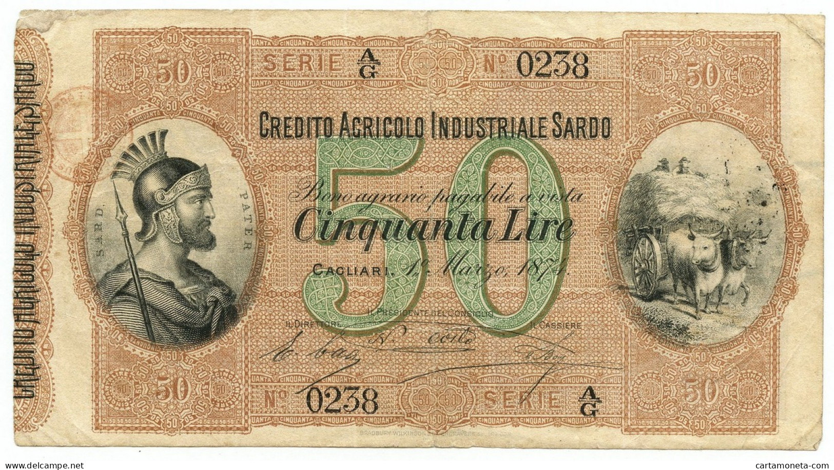 50 LIRE CREDITO AGRICOLO INDUSTRIALE SARDO 01/03/1874 BB- - Autres & Non Classés