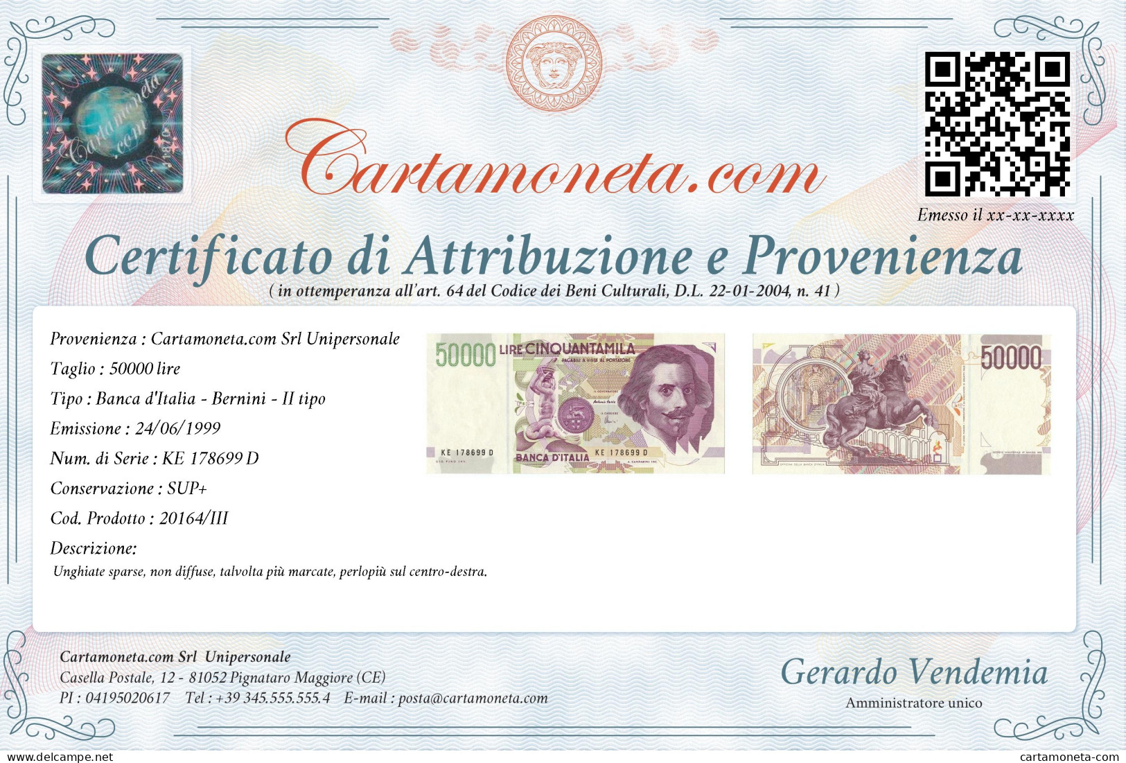 50000 LIRE GIAN LORENZO BERNINI II TIPO LETTERA E 24/06/1999 SUP+ - Altri & Non Classificati