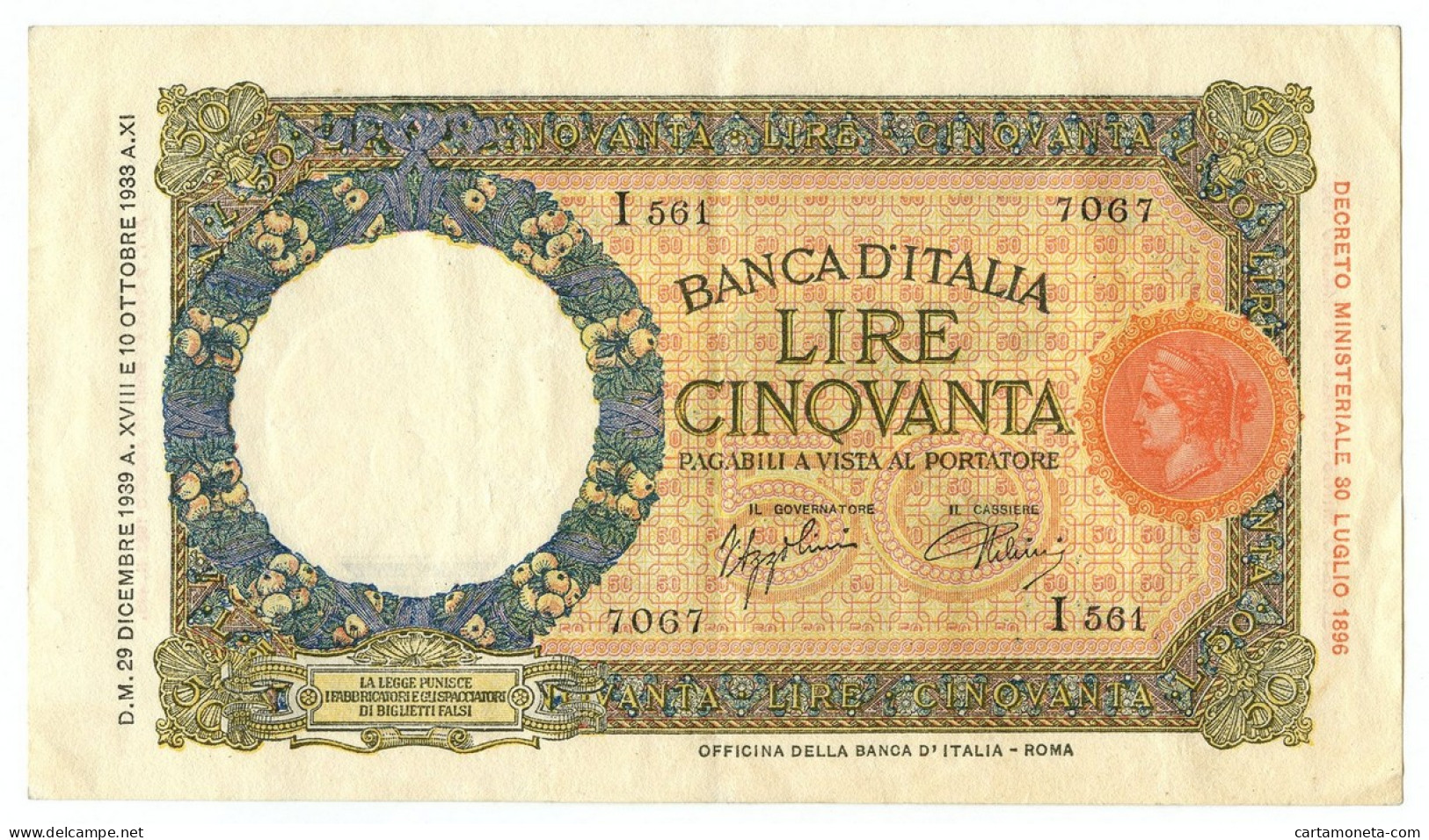 50 LIRE CAPRANESI LUPA CAPITOLINA MARGINE LARGO FASCIO ROMA 29/12/1939 BB/SPL - Regno D'Italia - Altri